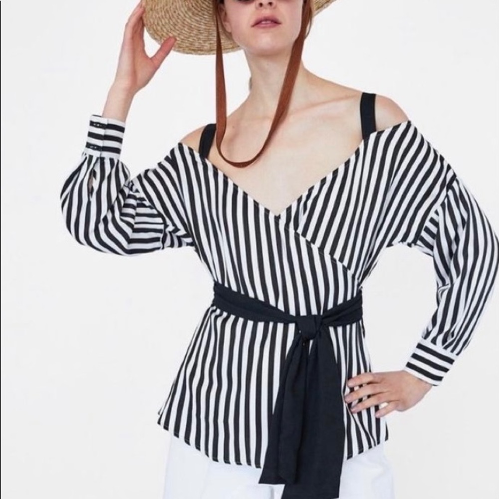 Zara Black And White Striped Cold Shoulder Wrap top
